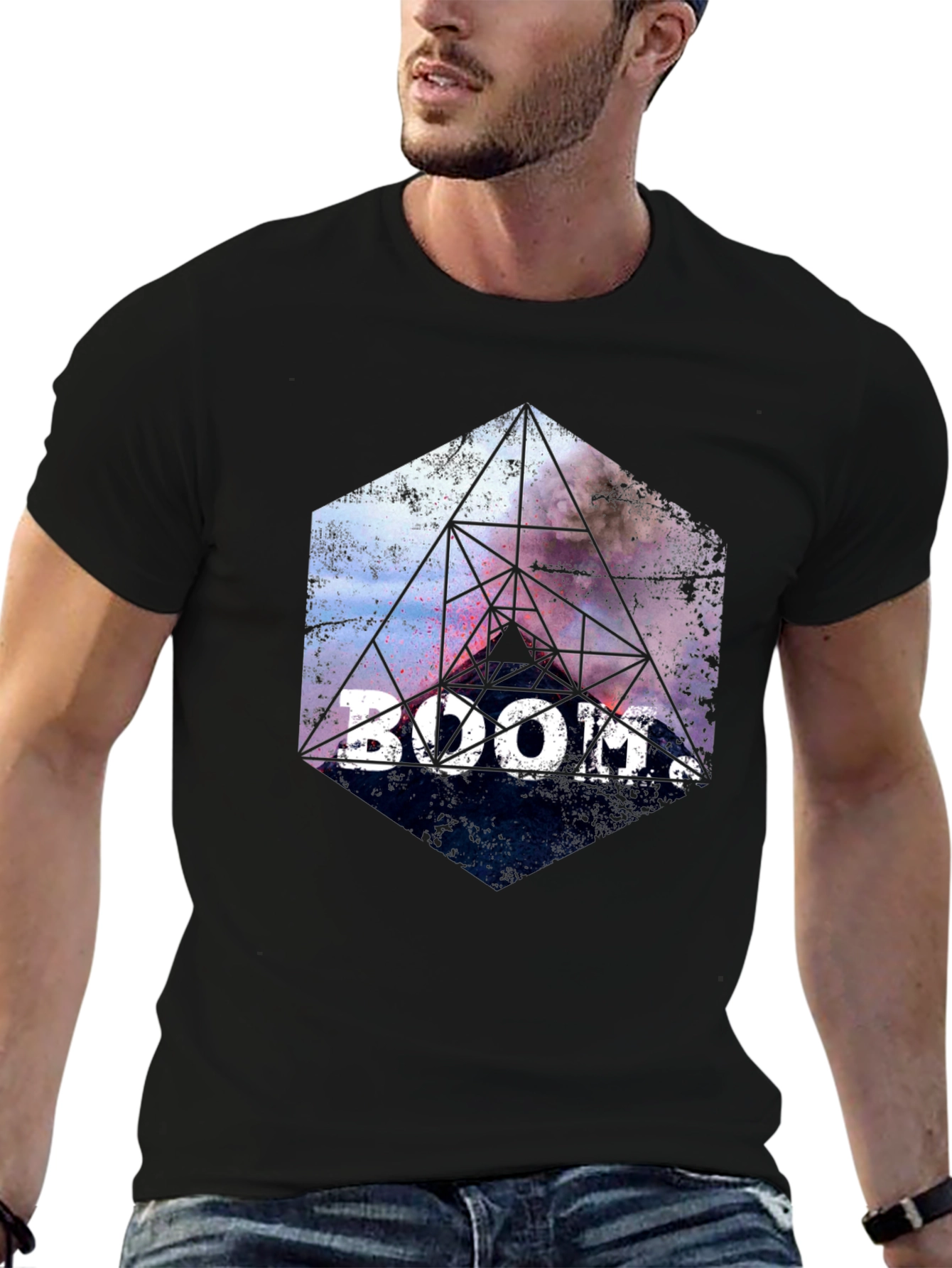 Boom! Geometric Graphic Print Black T-Shirt