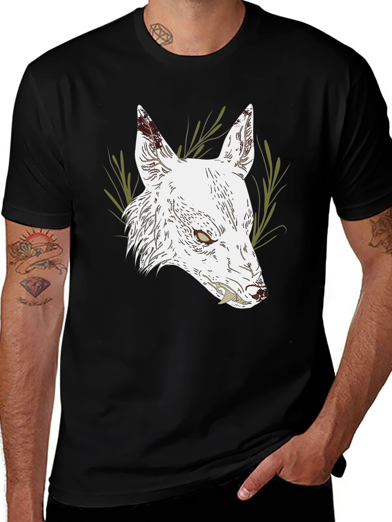 Black T-Shirt with White Wolf Graphic