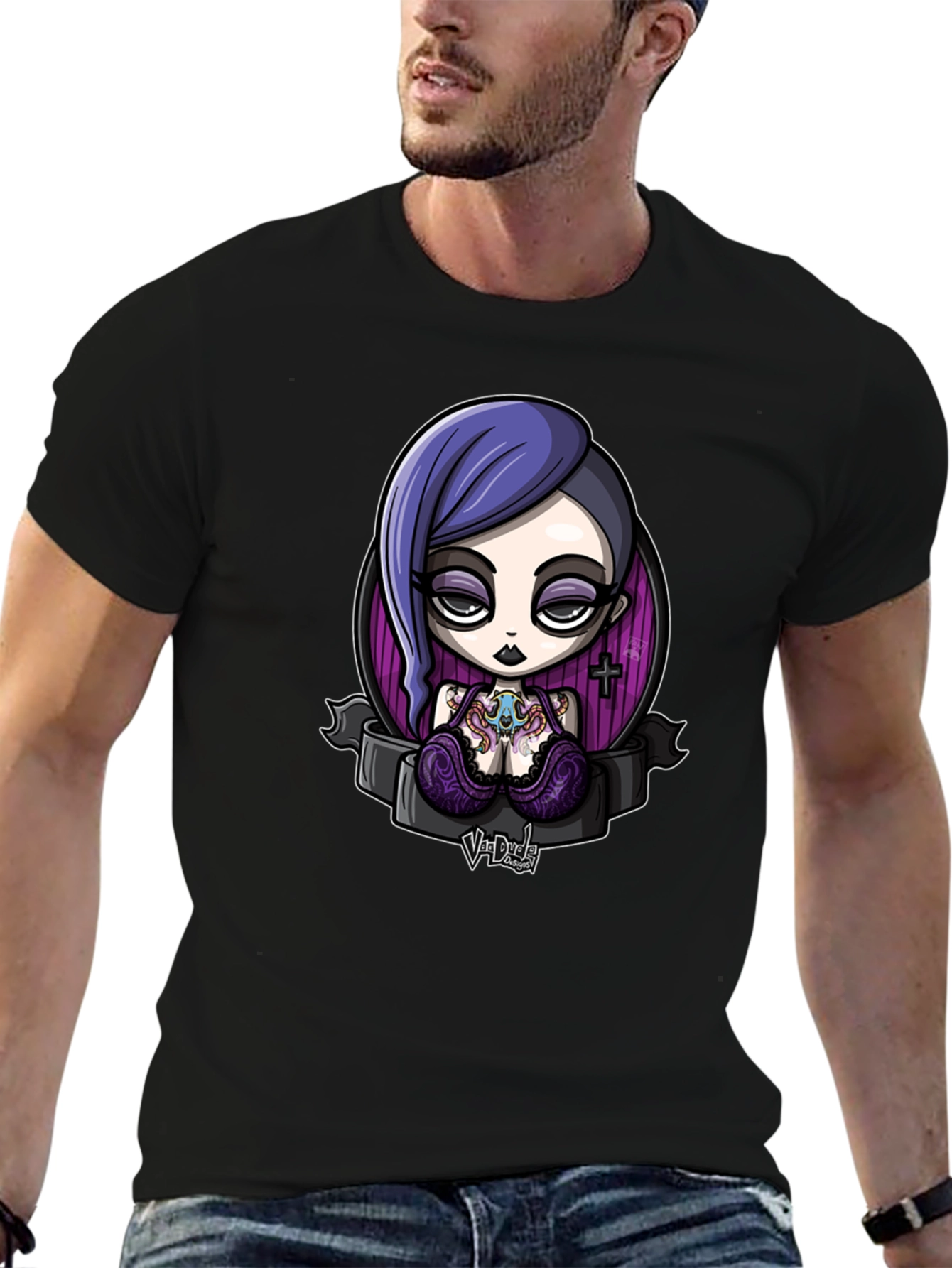 Gothic Cartoon Girl Graphic Black T-Shirt
