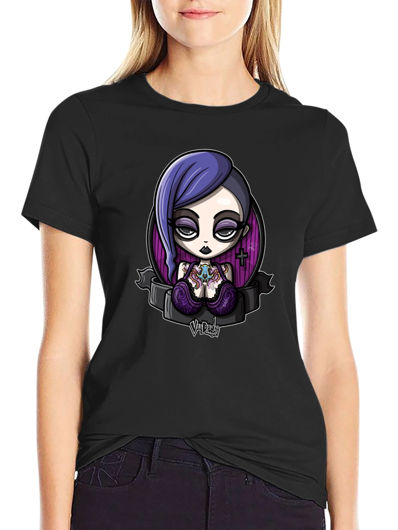 Gothic Cartoon Girl Graphic Black T-Shirt