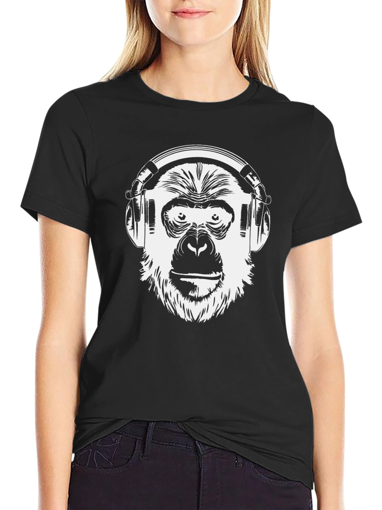 Monkey DJ Graphic T-Shirt - Black Crew Neck Tee
