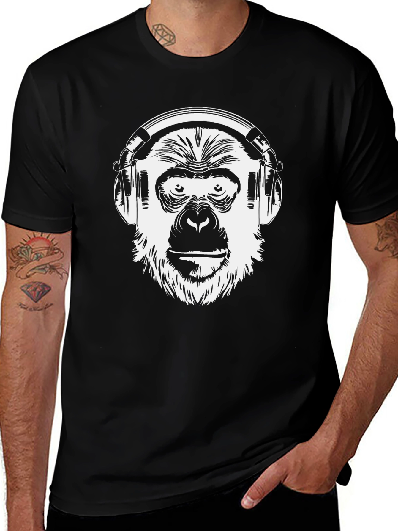 Monkey DJ Graphic T-Shirt - Black Crew Neck Tee