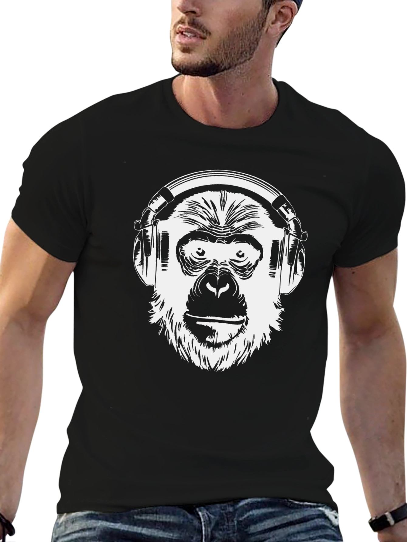 Monkey DJ Graphic T-Shirt - Black Crew Neck Tee