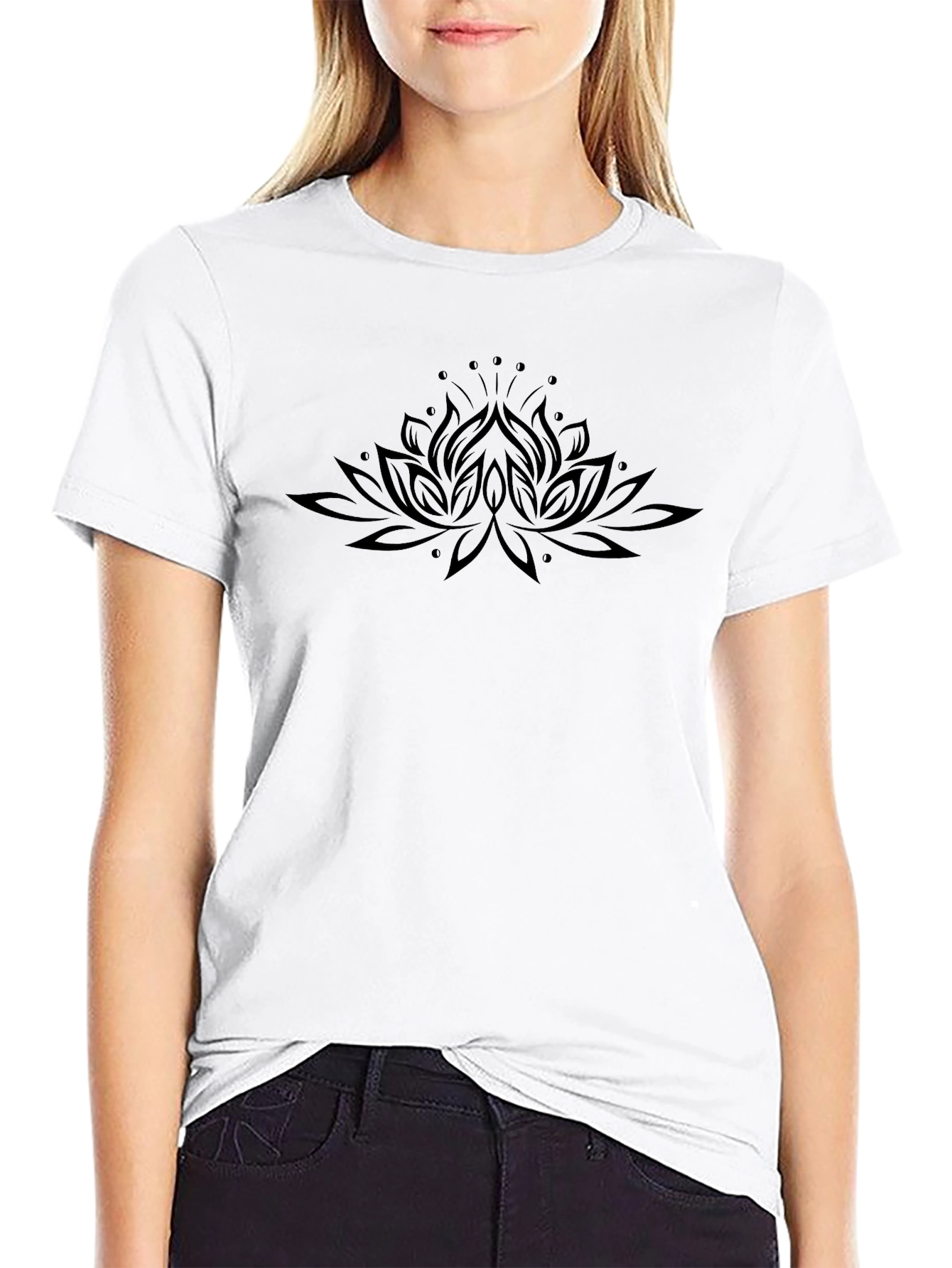Black Lotus Flower Graphic Tee - Soft Cotton Blend
