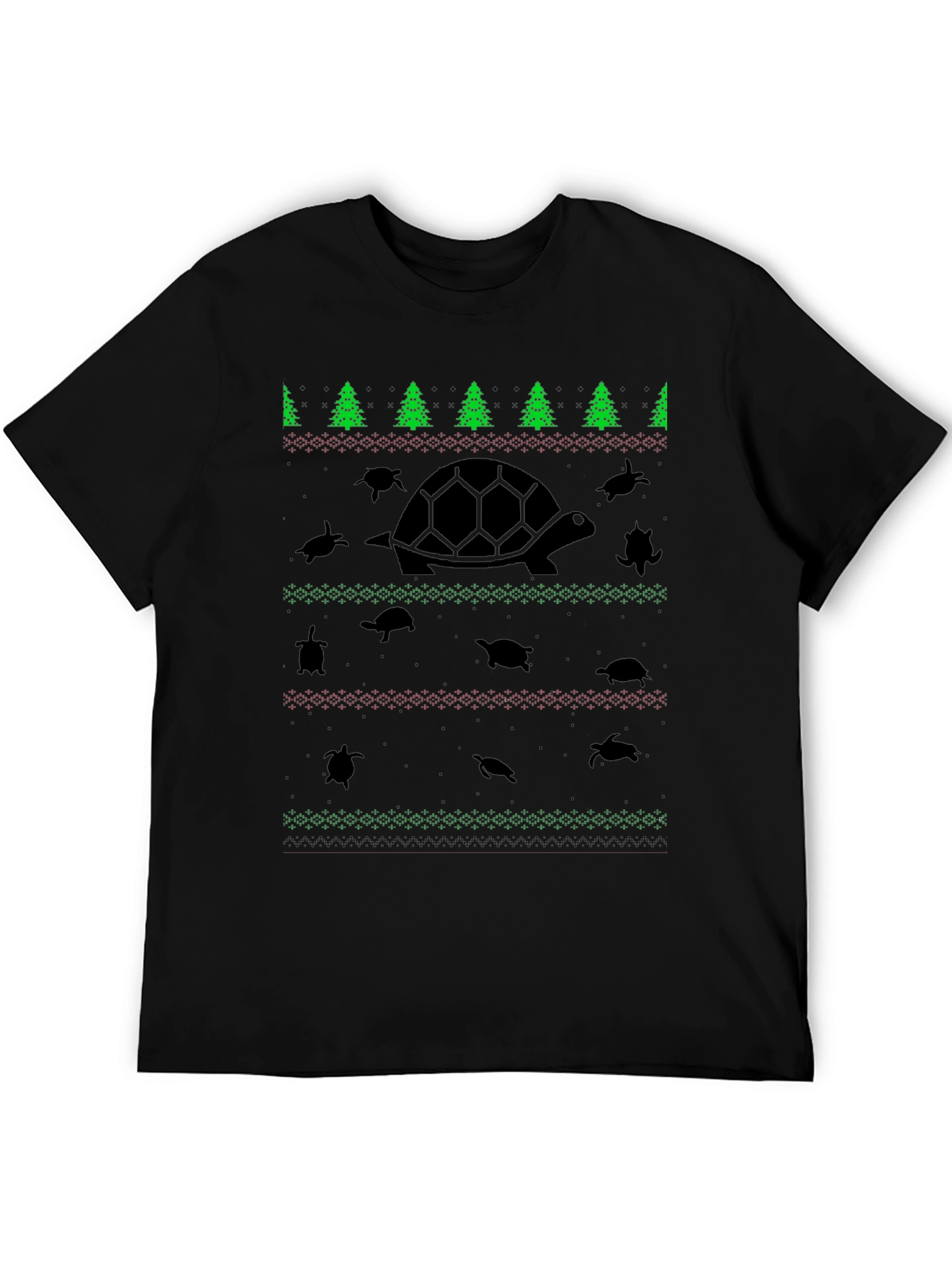 Turtle Christmas Pattern Black T-Shirt