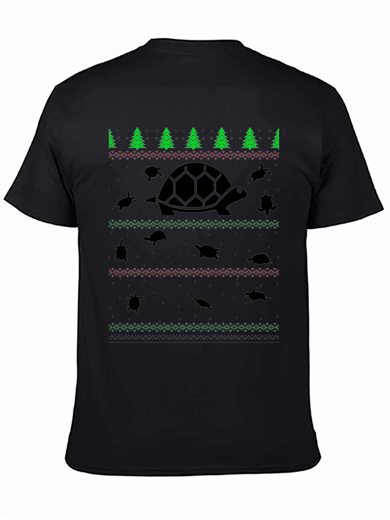 Turtle Christmas Pattern Black T-Shirt