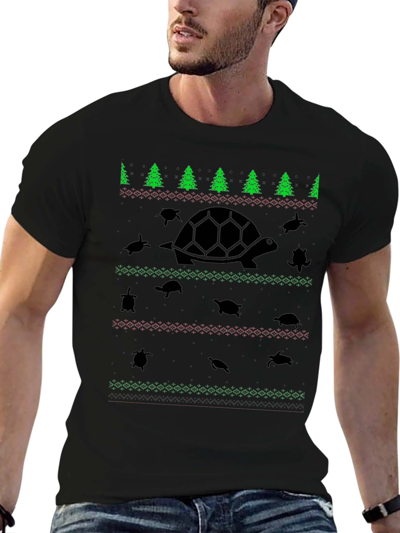 Turtle Christmas Pattern Black T-Shirt