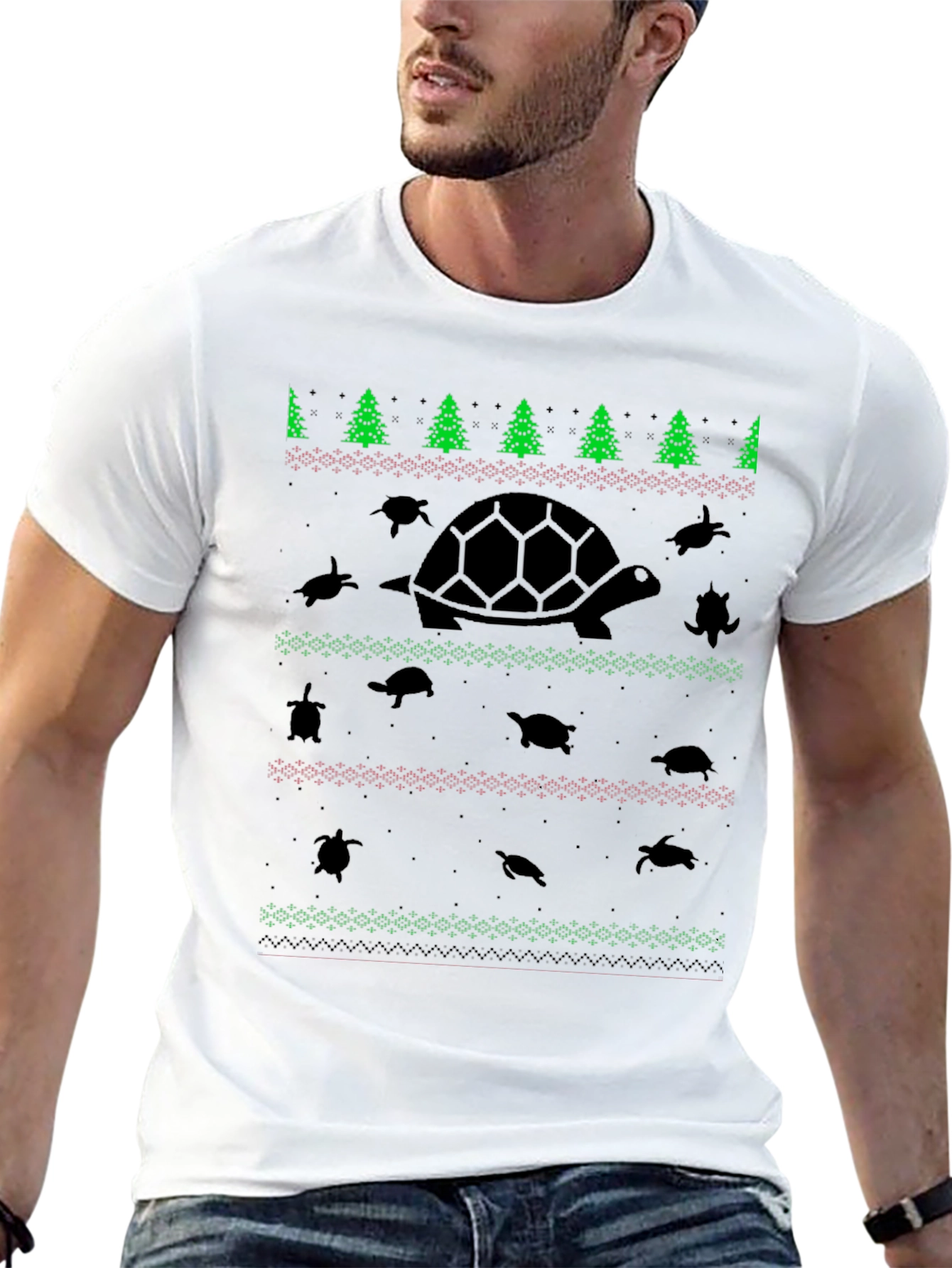 Turtle Christmas Pattern Black T-Shirt