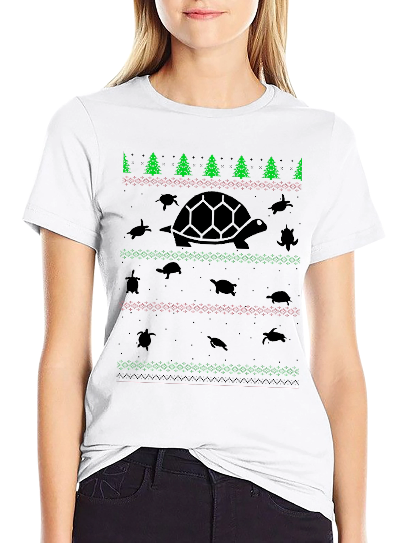 Turtle Christmas Pattern Black T-Shirt