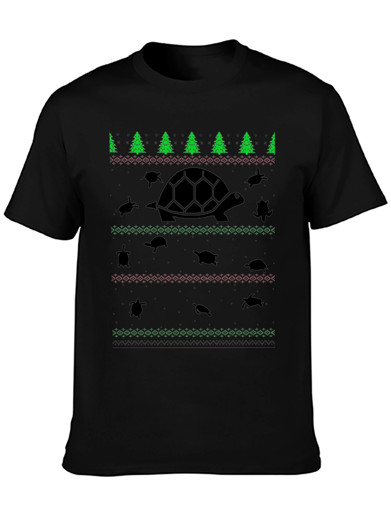 Turtle Christmas Pattern Black T-Shirt