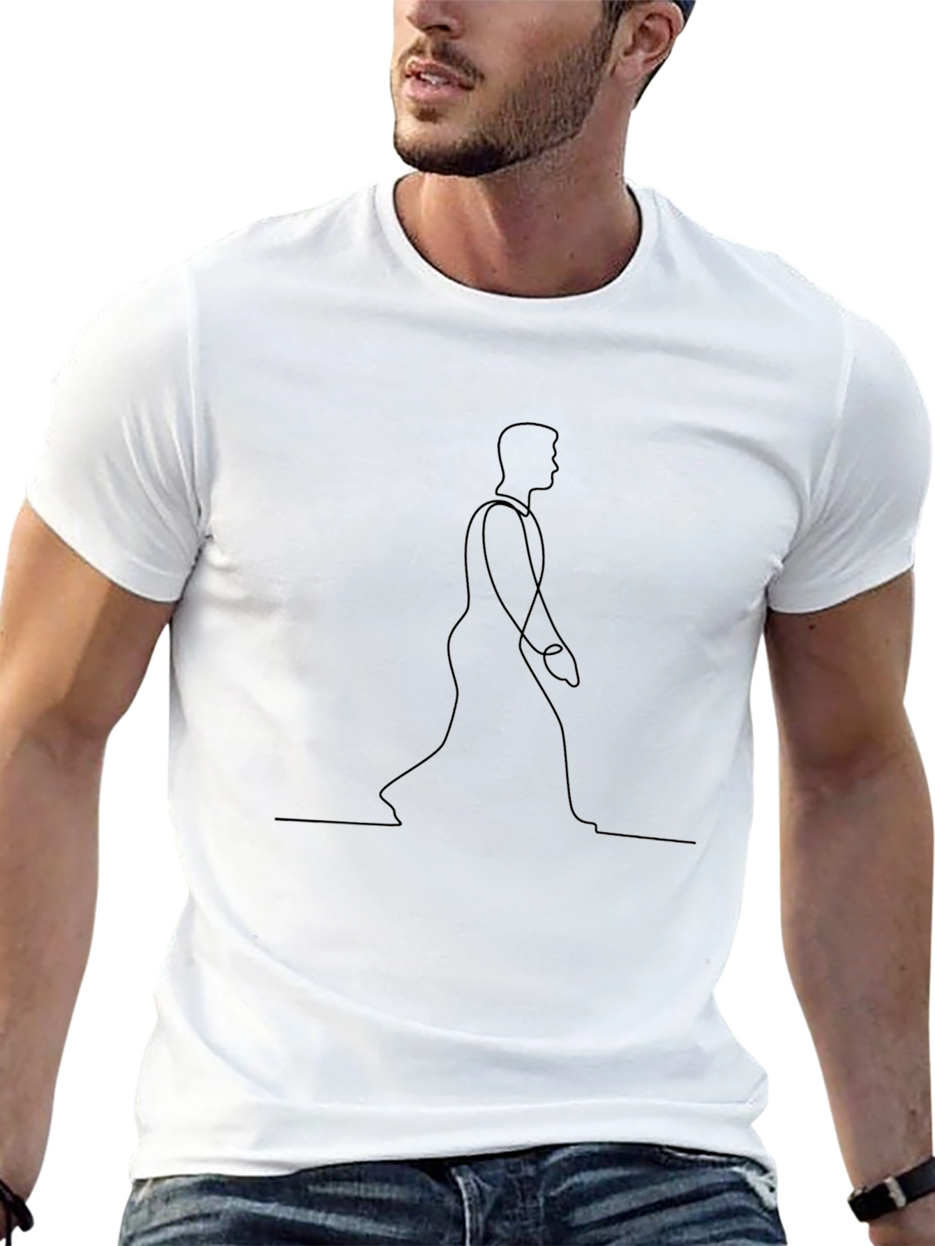 Minimalist Walking Man Line Art Black T-Shirt