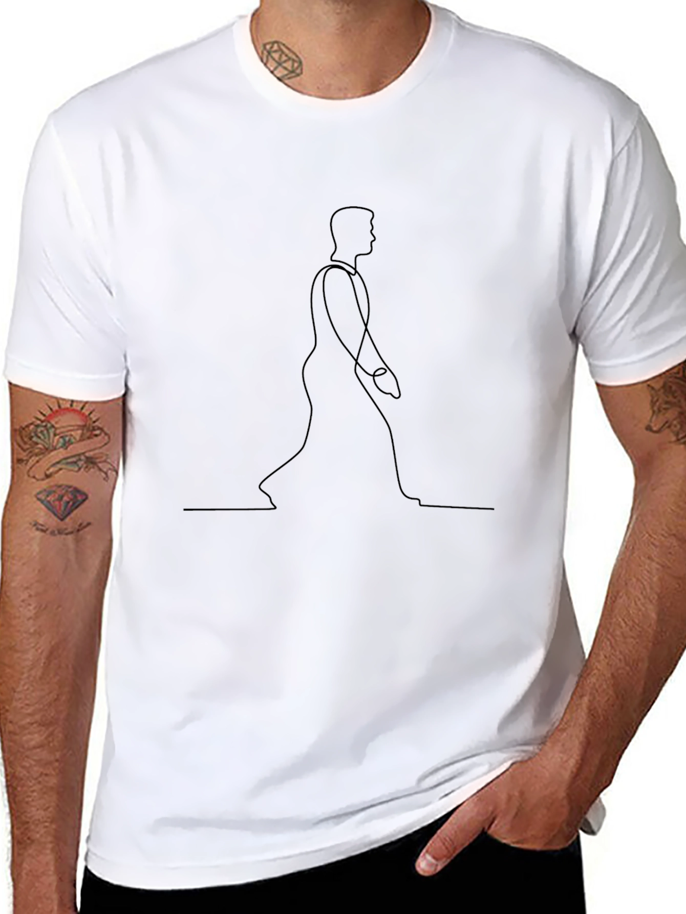 Minimalist Walking Man Line Art Black T-Shirt