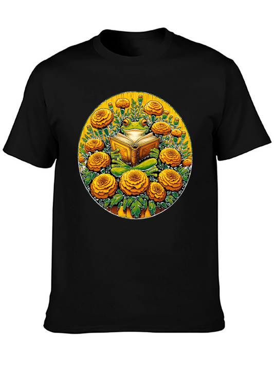 Frog Reading Book Surrounded by Flowers Black T-Shirt