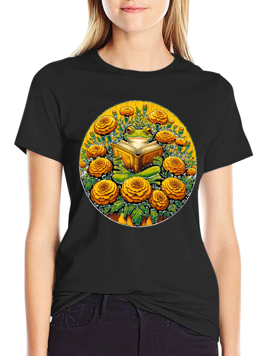 Frog Reading Book Surrounded by Flowers Black T-Shirt