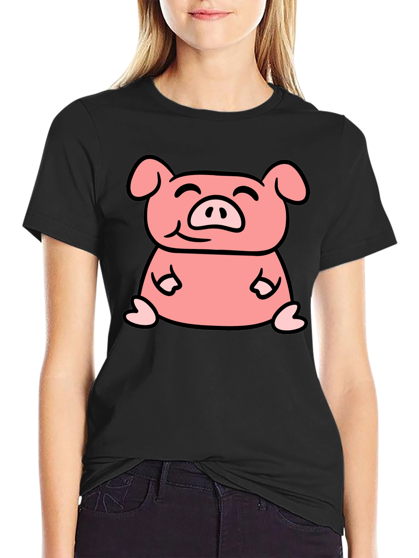 Cute Pig Cartoon Graphic Black T-Shirt