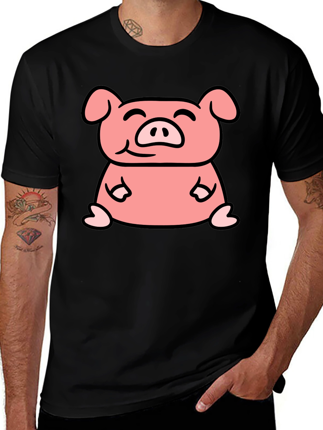 Cute Pig Cartoon Graphic Black T-Shirt