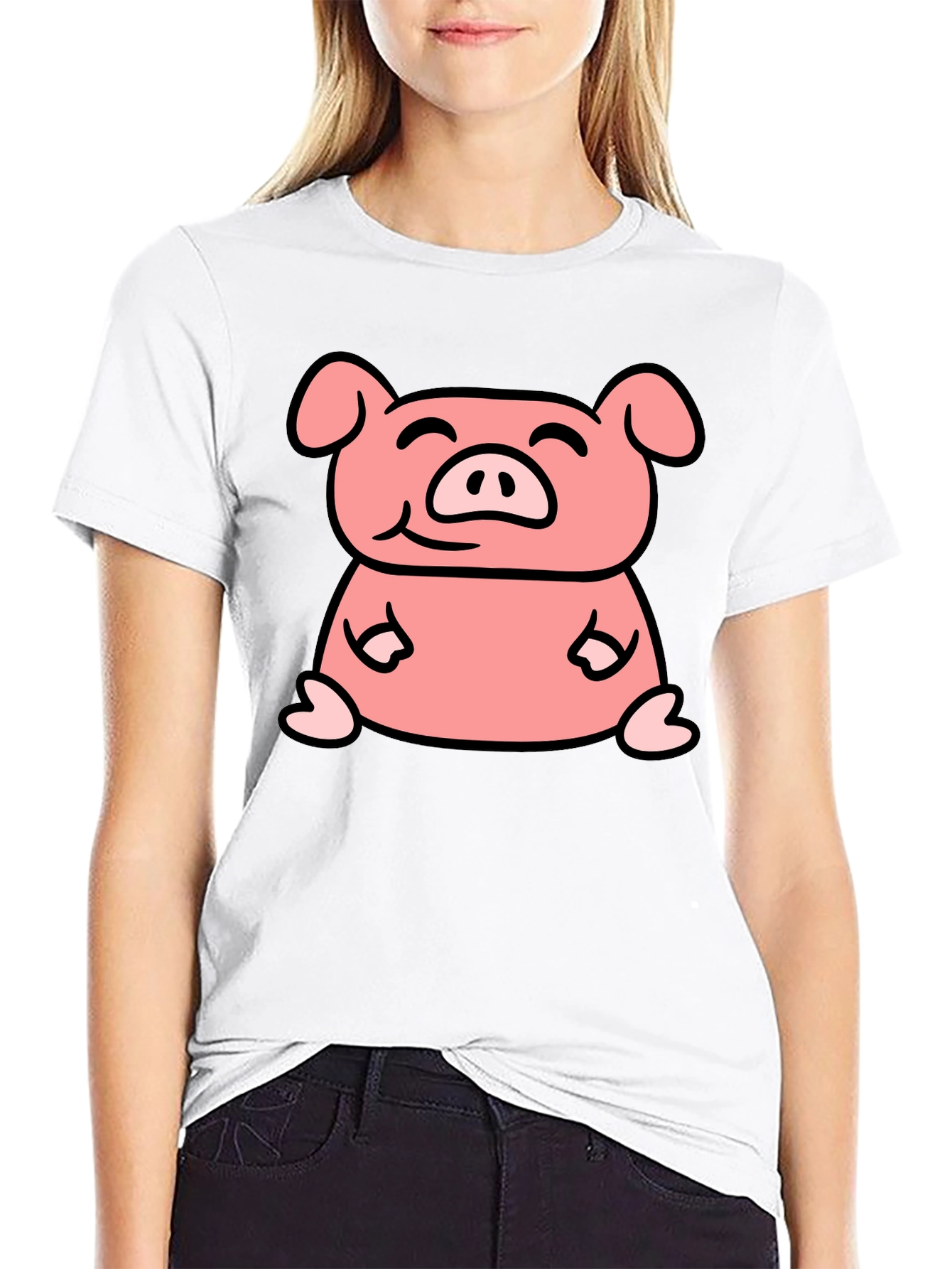 Cute Pig Cartoon Graphic Black T-Shirt