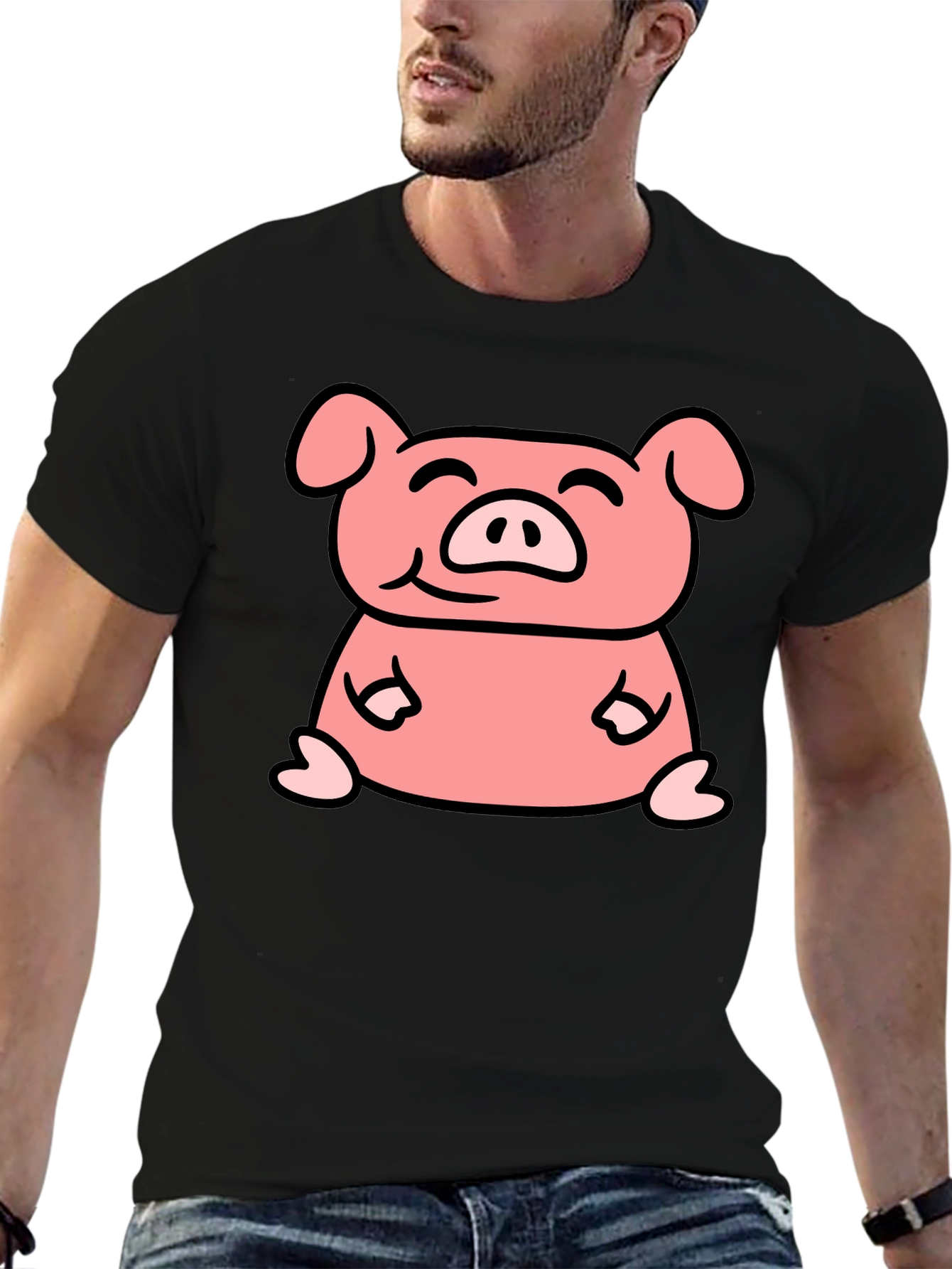 Cute Pig Cartoon Graphic Black T-Shirt