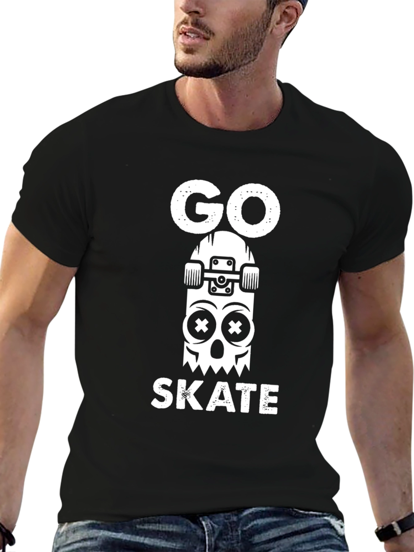 Go Skate Graphic Tee - Skull Skateboard Design