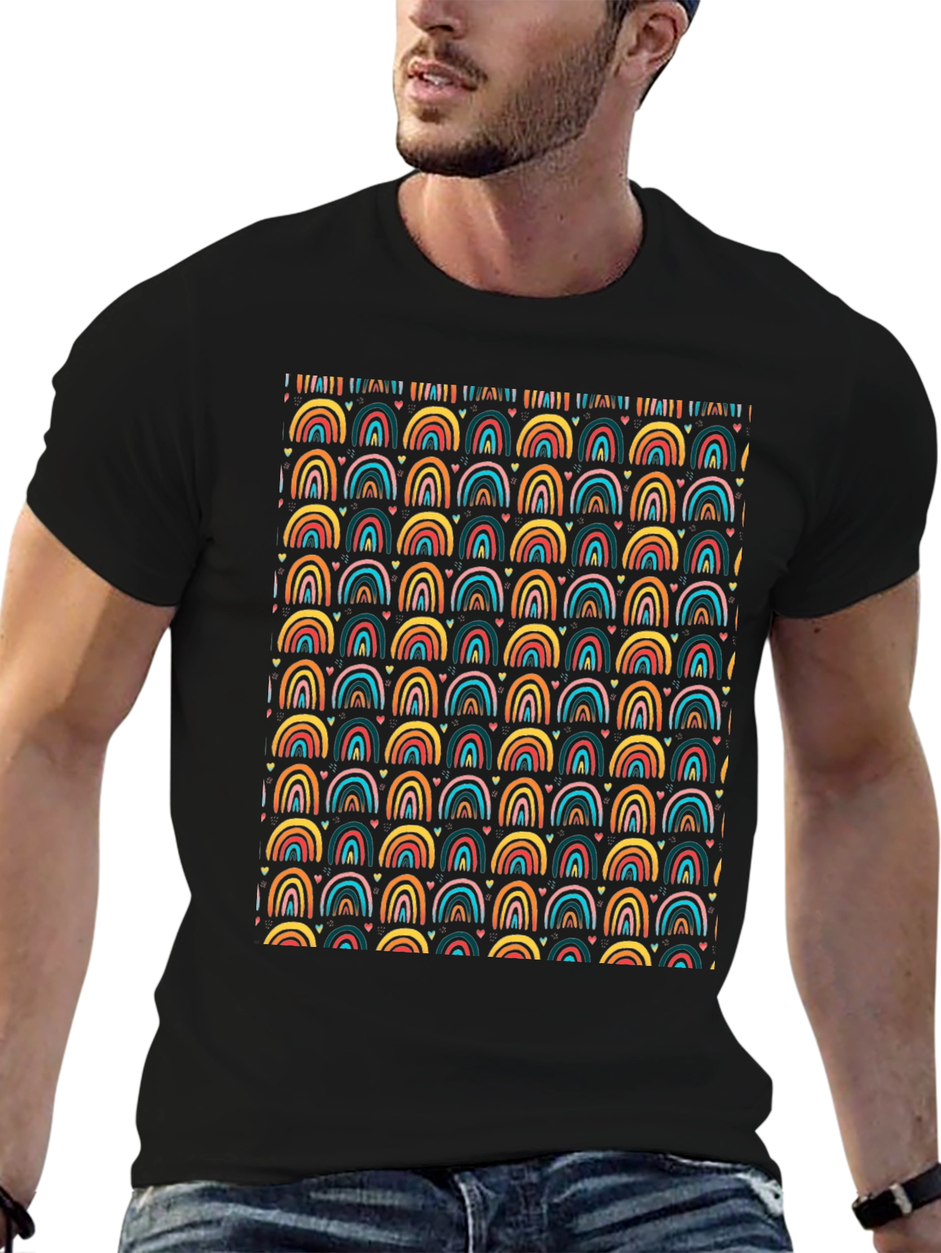 Rainbow Arches Heart Print Black T-Shirt
