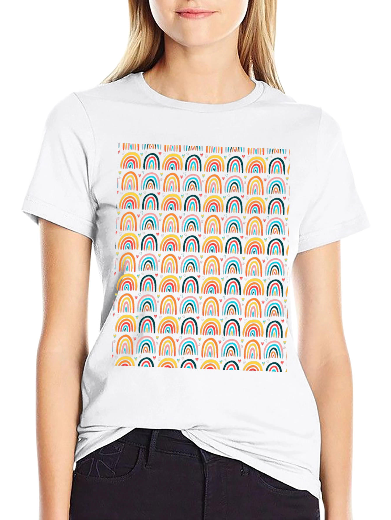 Rainbow Arches Heart Print Black T-Shirt