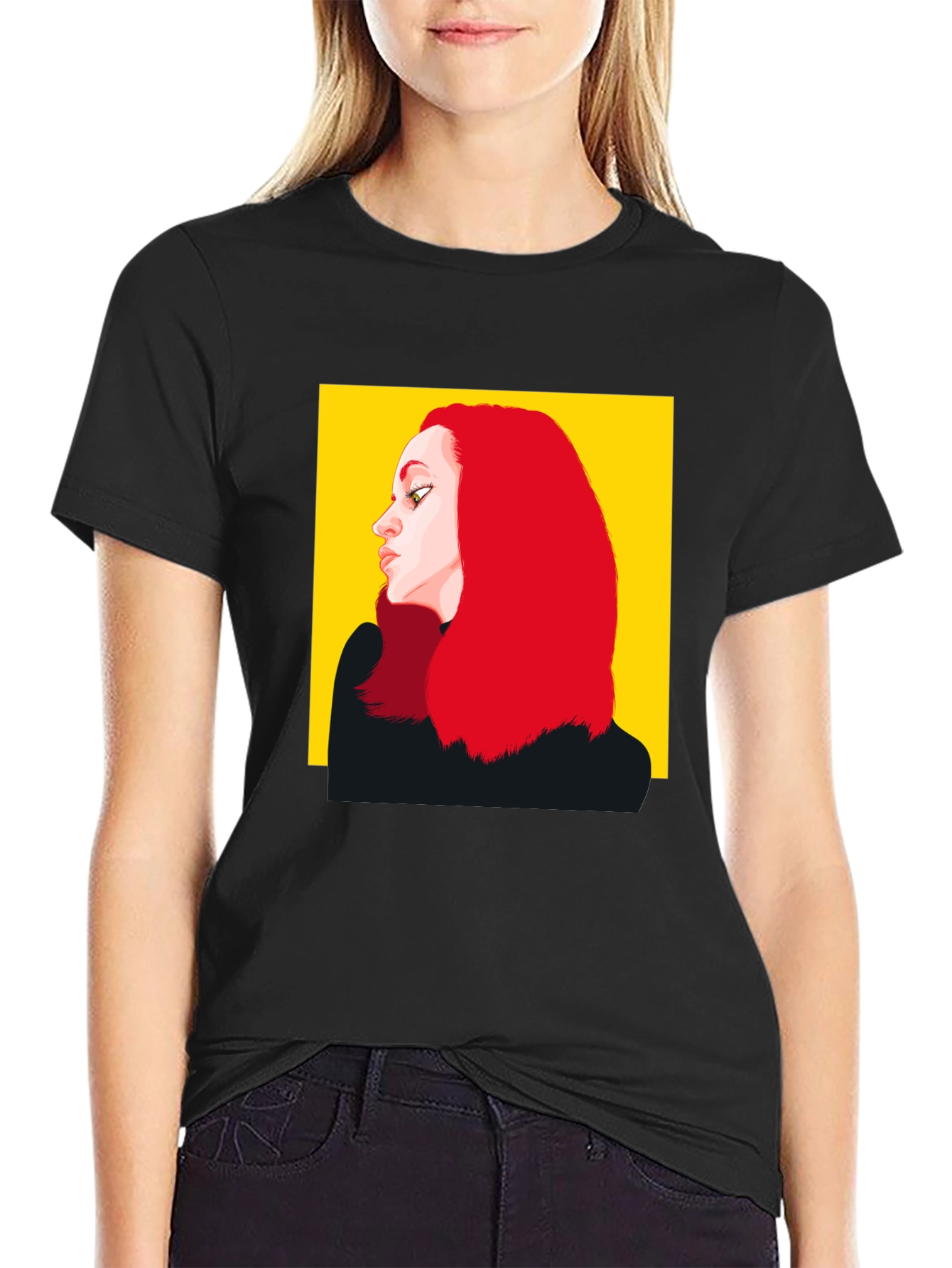 Illustrated Woman Portrait Black Tee