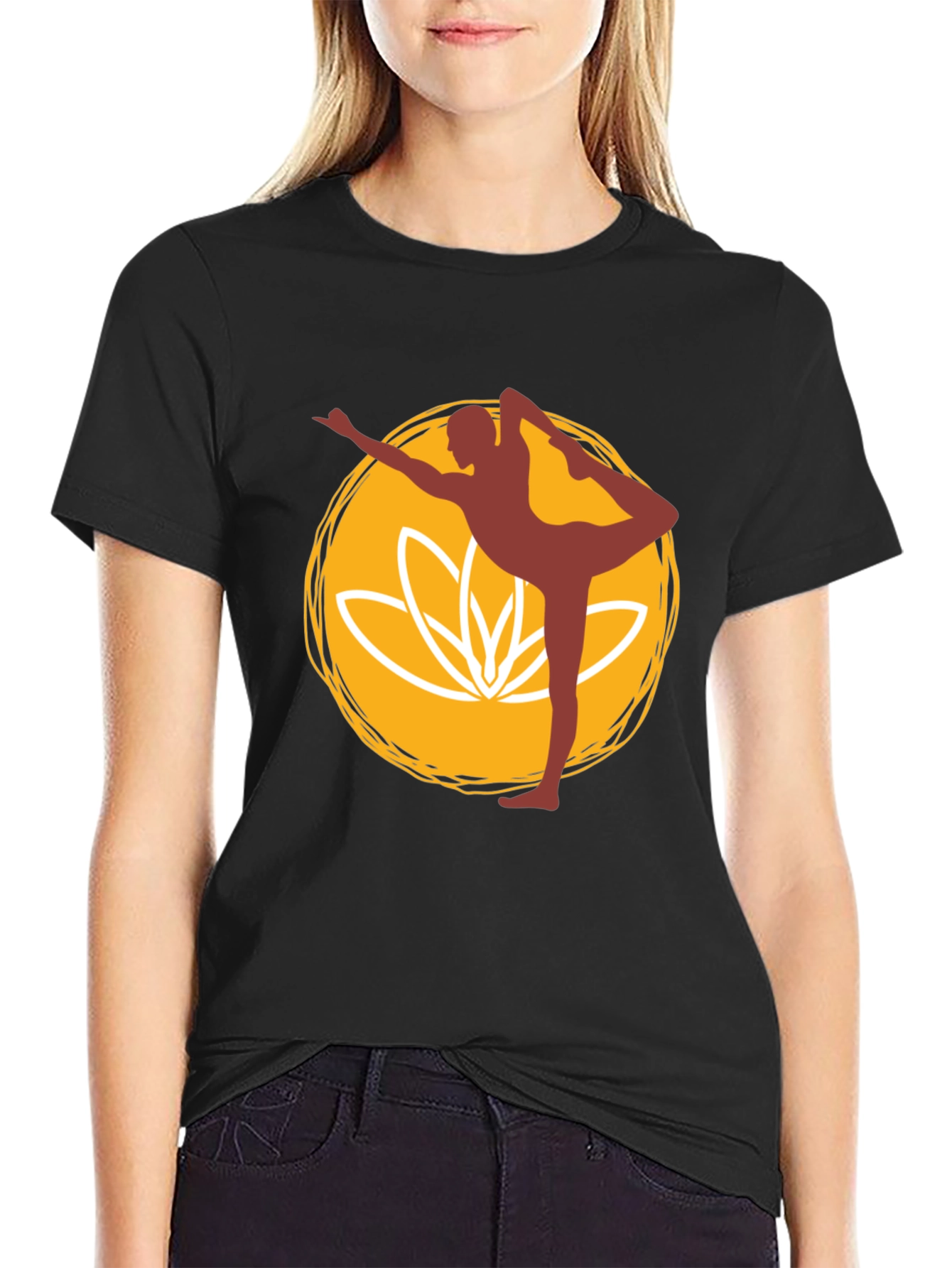 Yoga Pose Graphic Tee - Black Cotton Blend T-Shirt