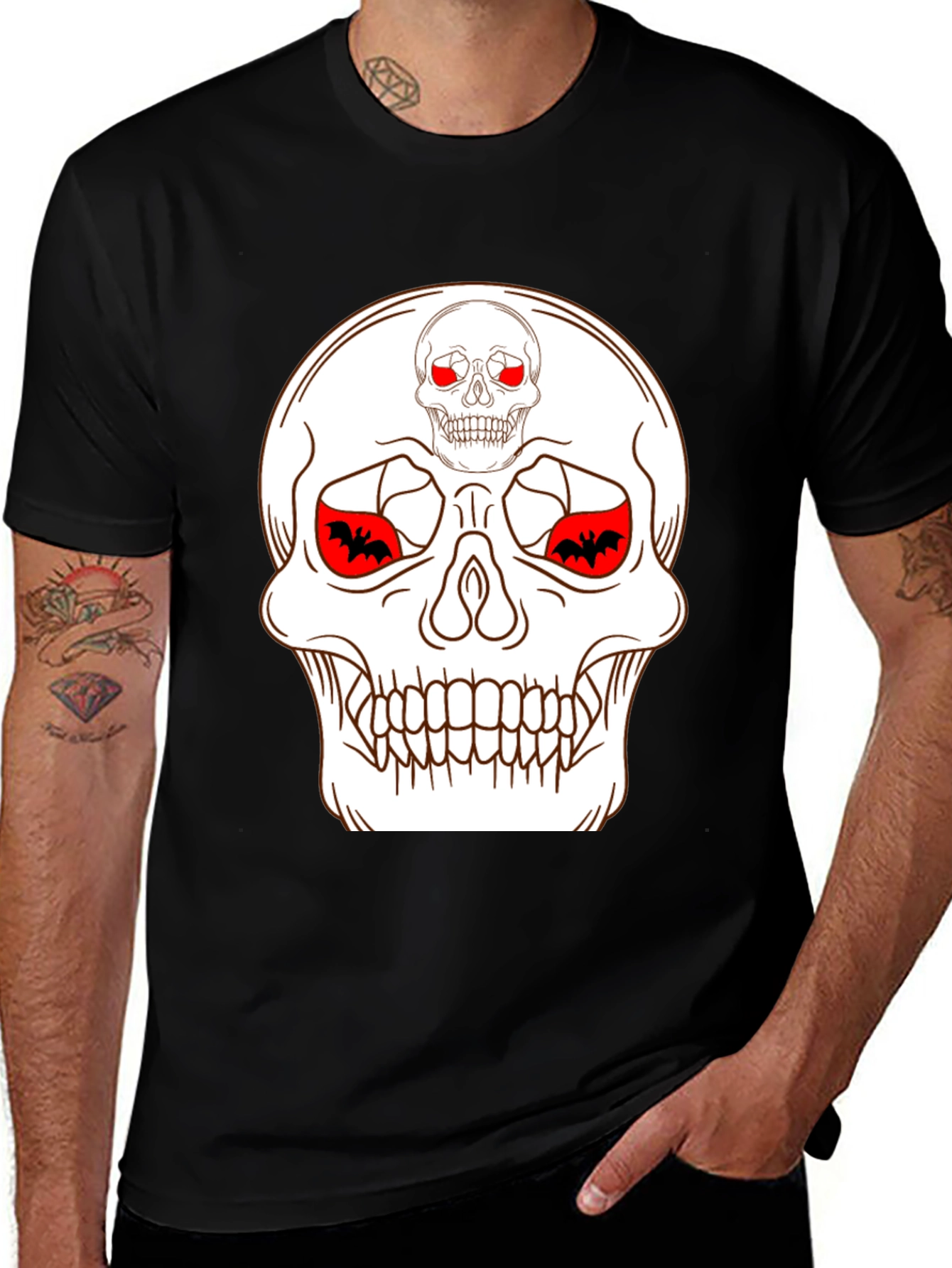 Skull & Bats Graphic Tee - Black Halloween Shirt