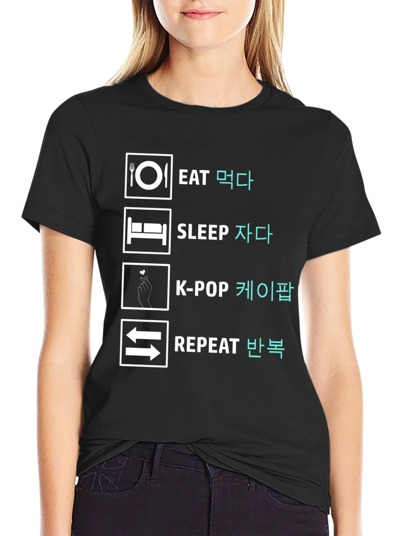Eat Sleep K-Pop Repeat Black Graphic Tee