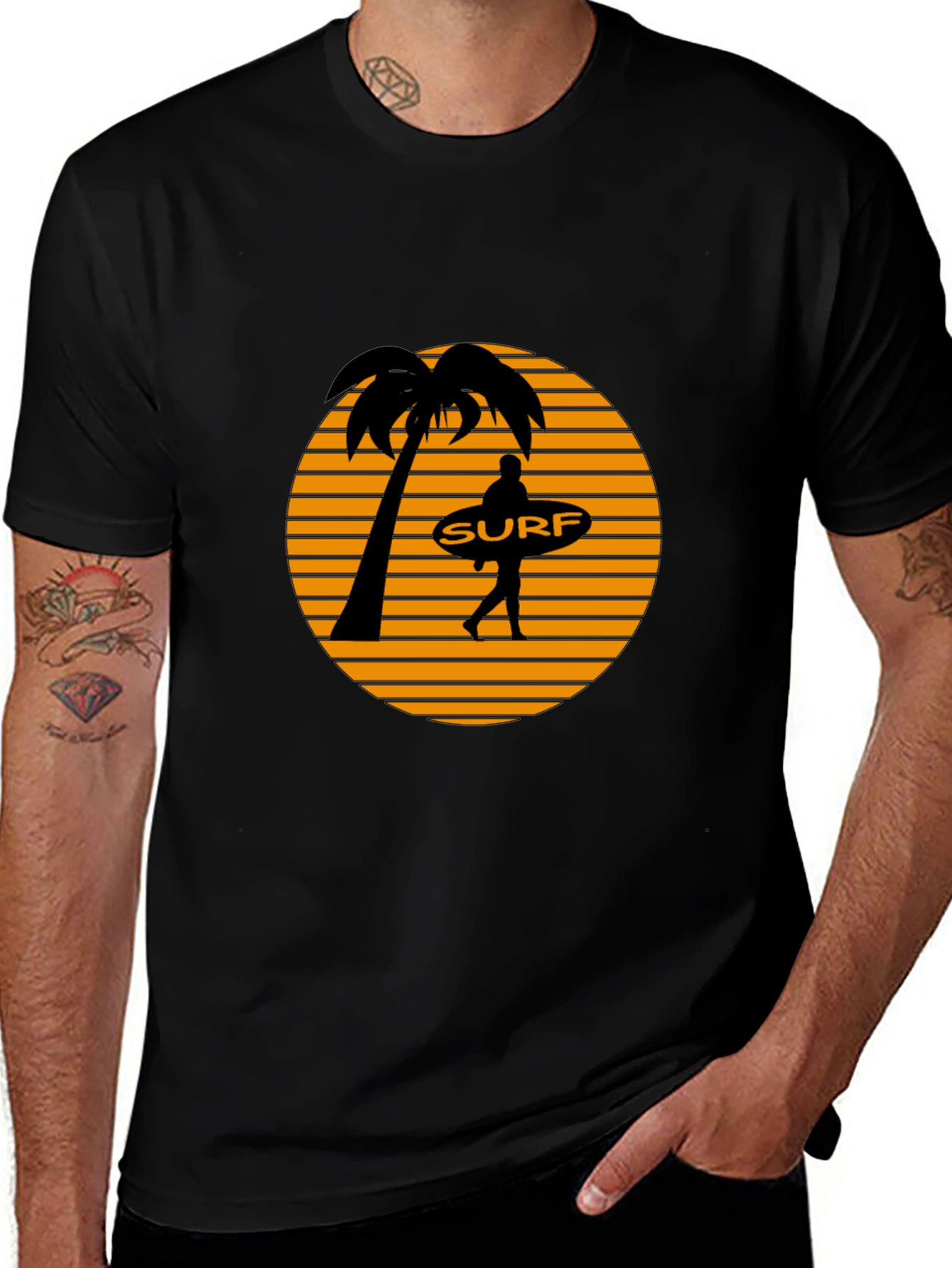 Surf Sunset Graphic Tee - Black Cotton T-Shirt