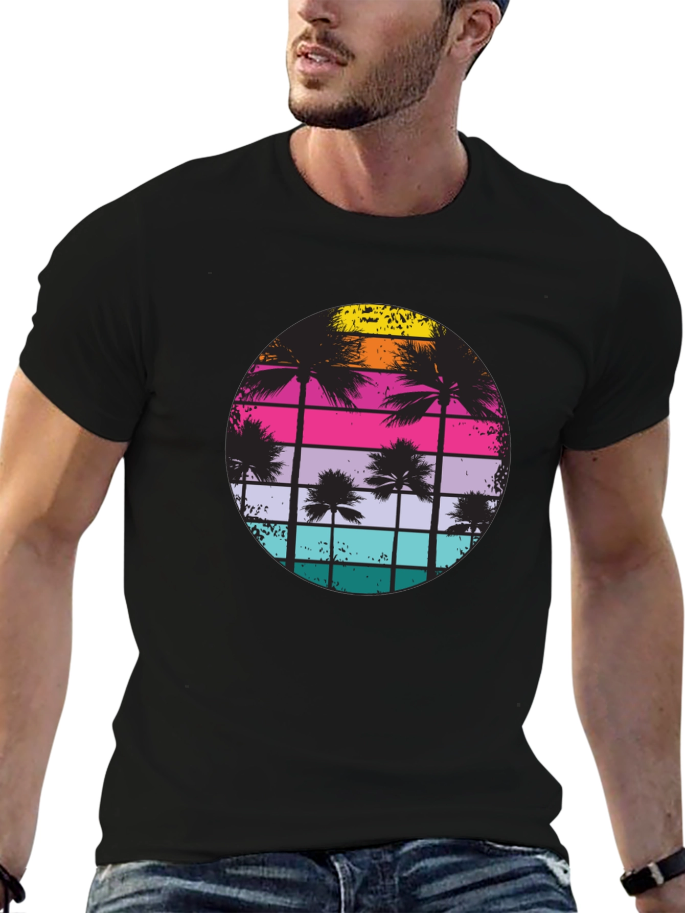 Retro Sunset Palm Tree Graphic T-Shirt