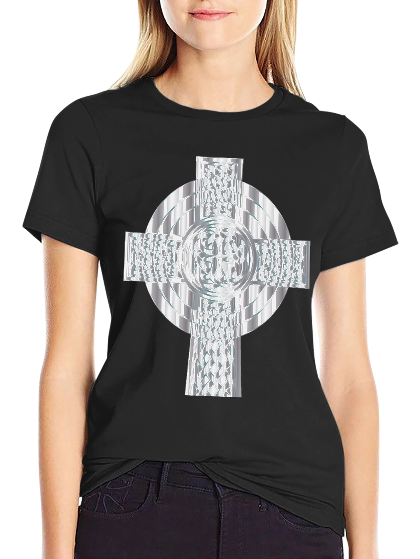 Celtic Cross T-Shirt - Silver Geometric Design