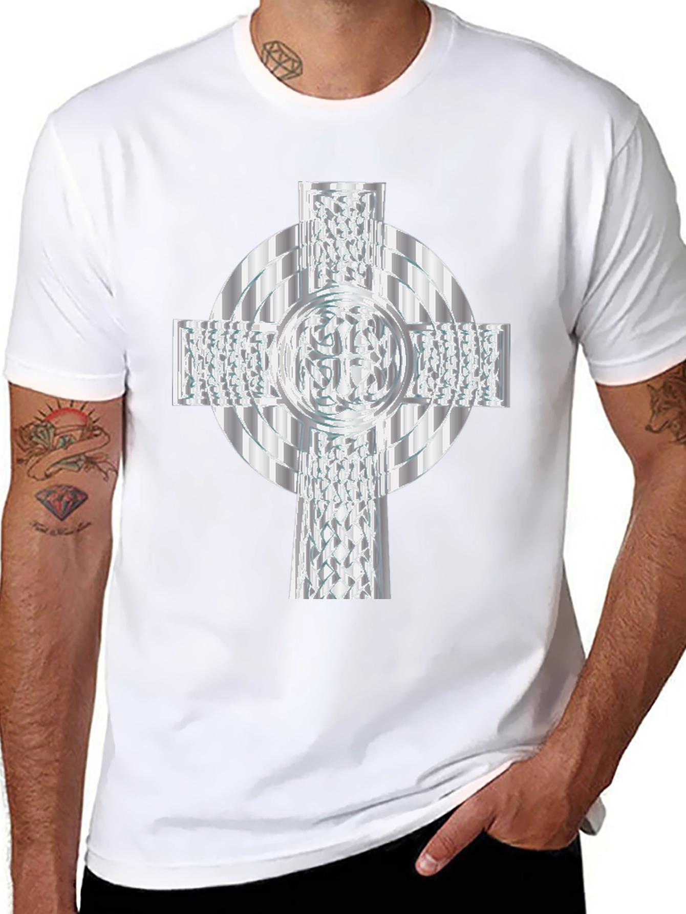 Celtic Cross T-Shirt - Silver Geometric Design