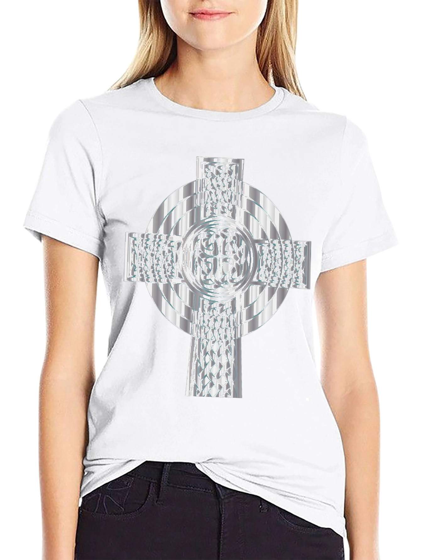 Celtic Cross T-Shirt - Silver Geometric Design