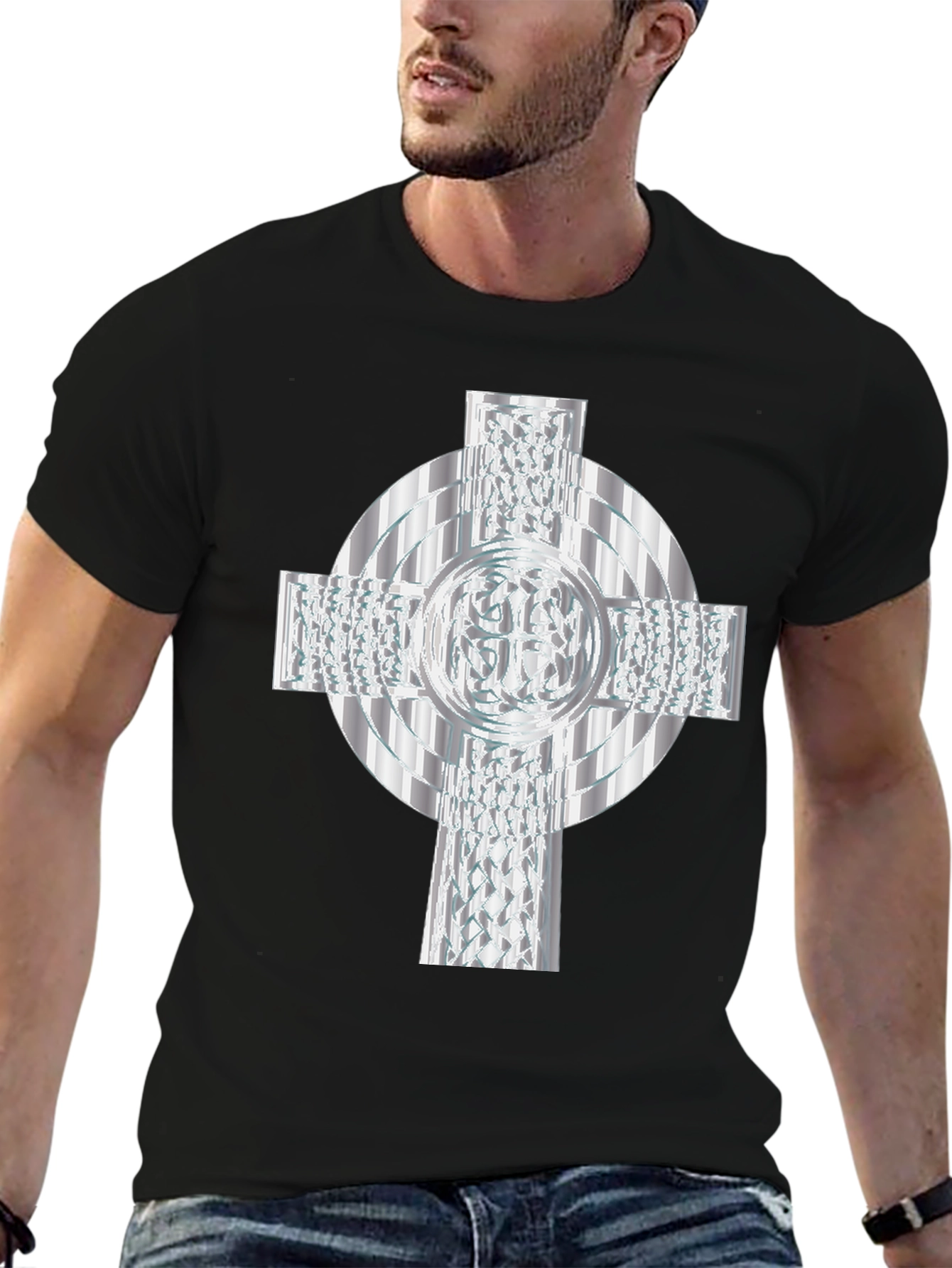 Celtic Cross T-Shirt - Silver Geometric Design