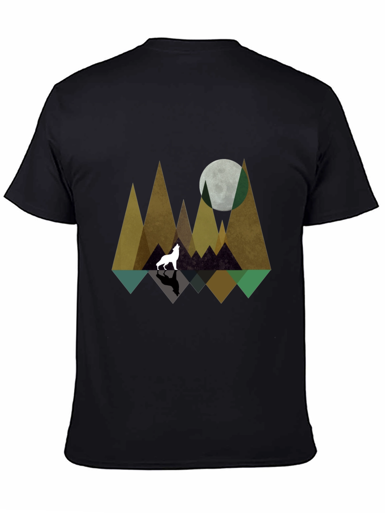 Geometric Wolf & Moon Graphic Tee - Black
