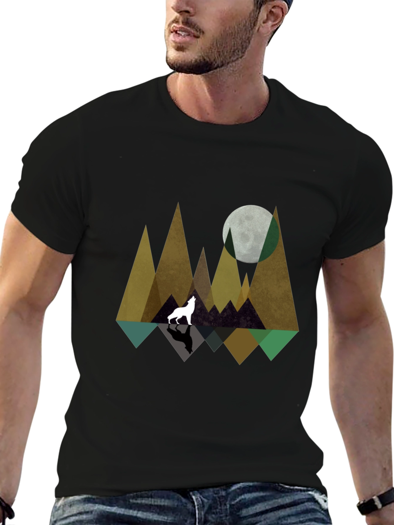 Geometric Wolf & Moon Graphic Tee - Black