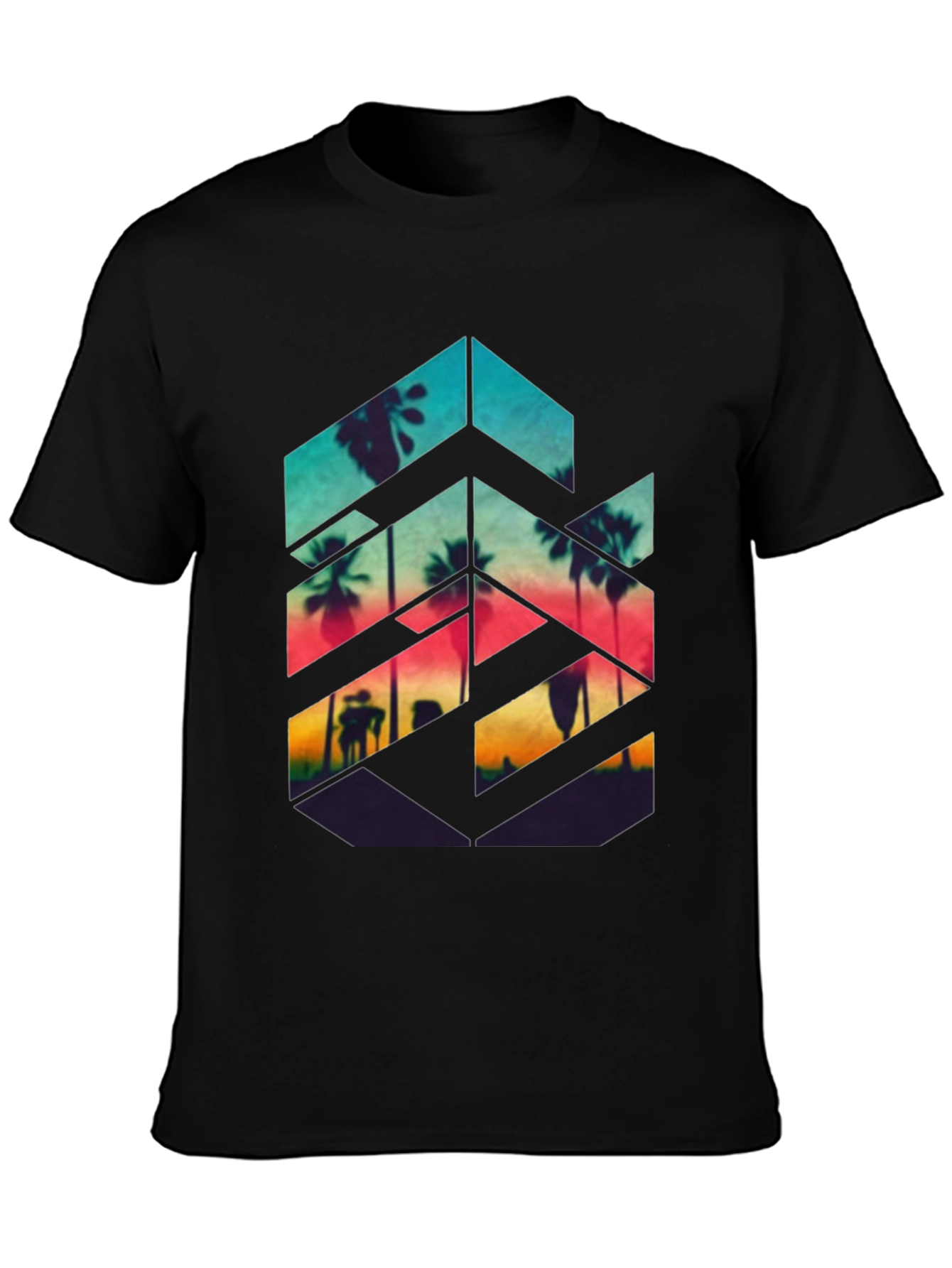 Sunset Palm Geometric Graphic Tee - Black