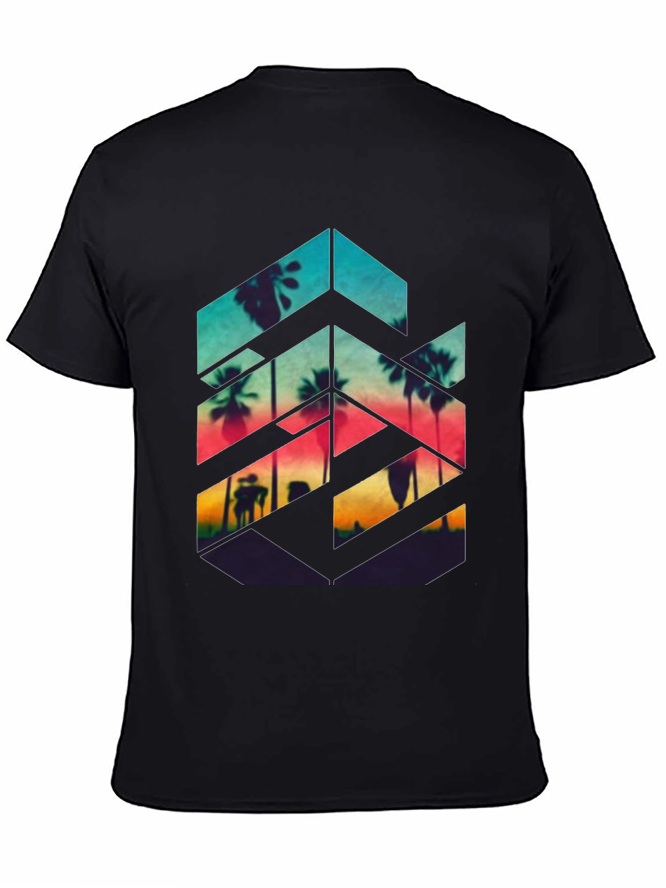 Sunset Palm Geometric Graphic Tee - Black