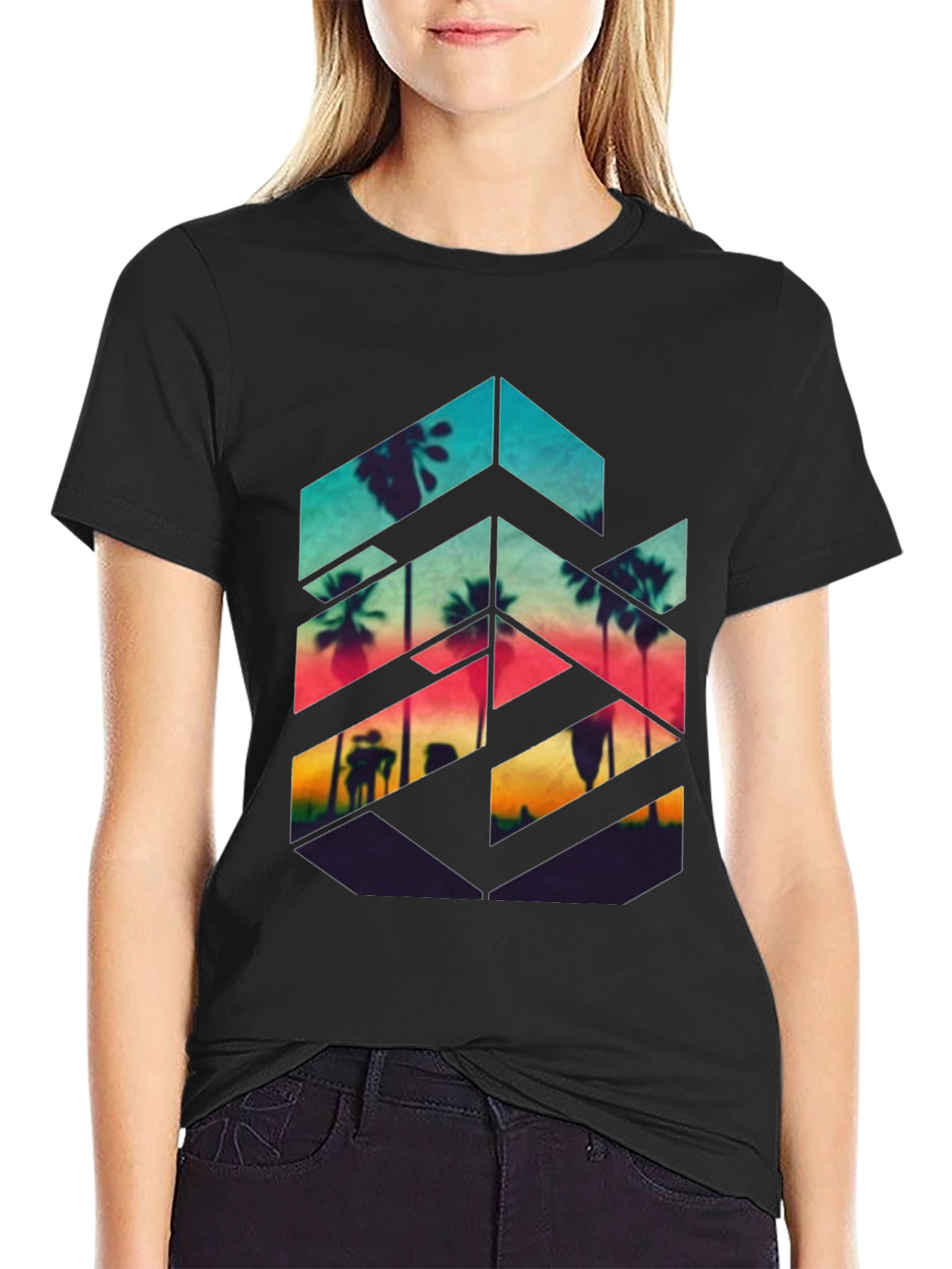 Sunset Palm Geometric Graphic Tee - Black