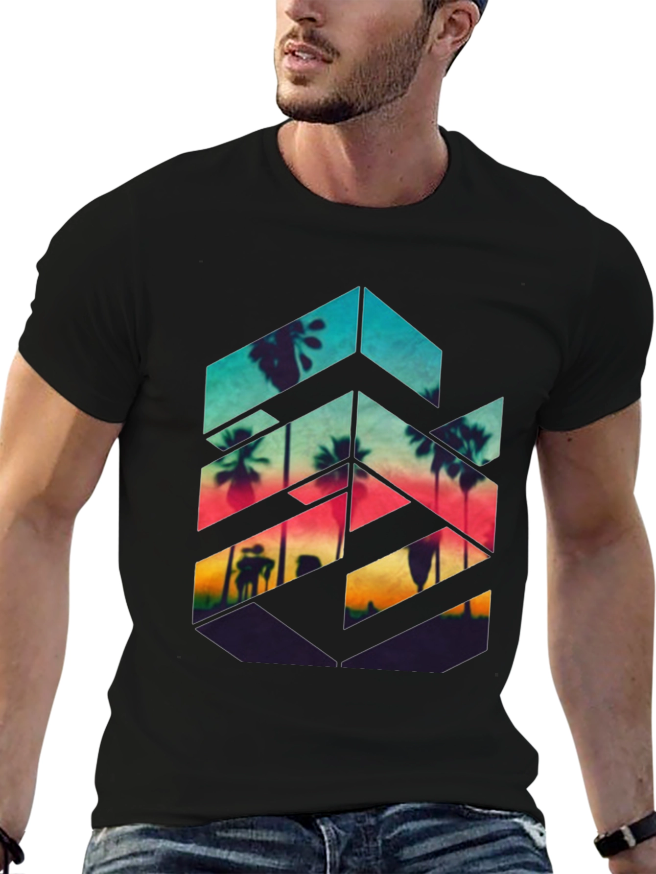 Sunset Palm Geometric Graphic Tee - Black