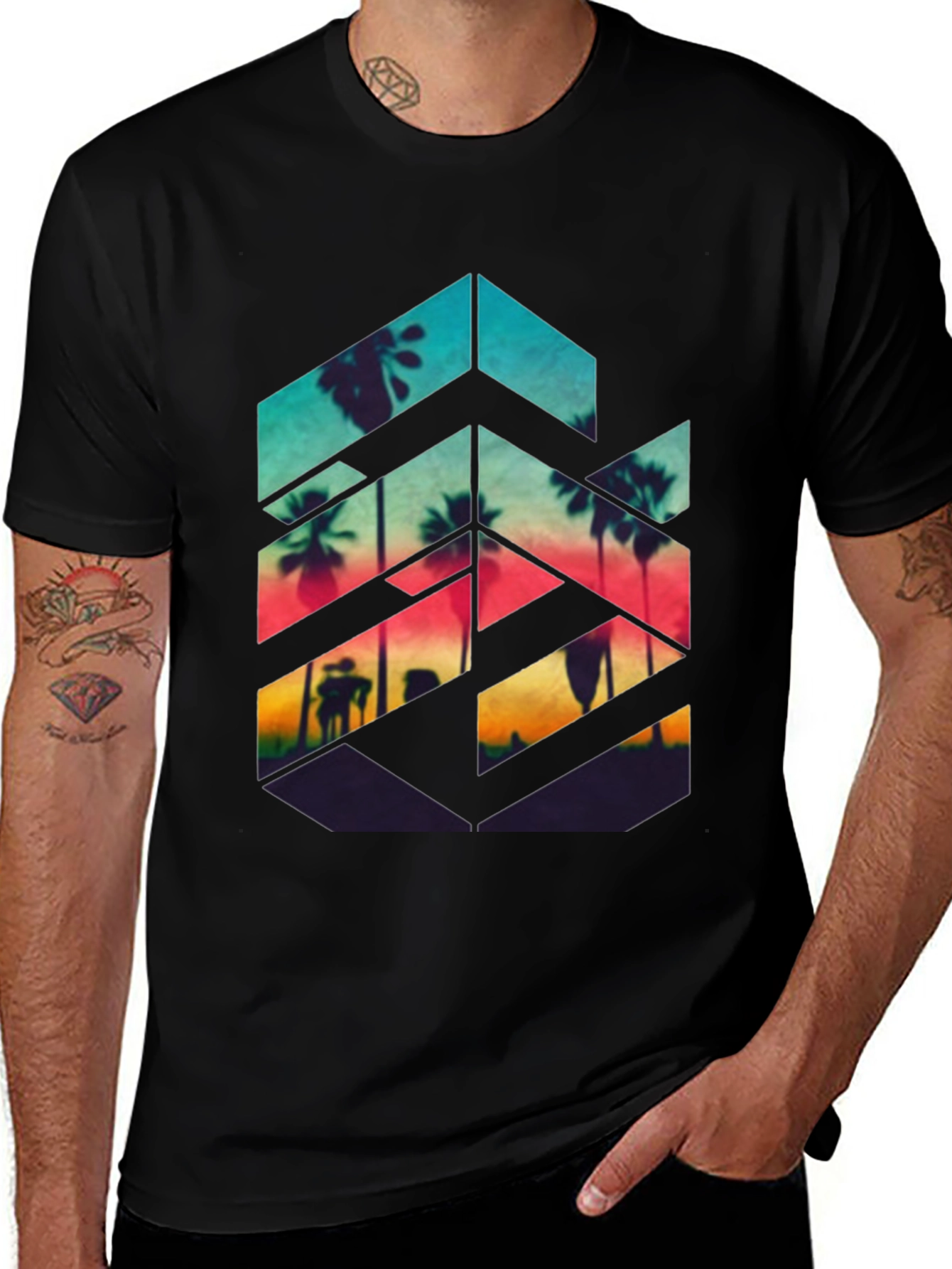 Sunset Palm Geometric Graphic Tee - Black