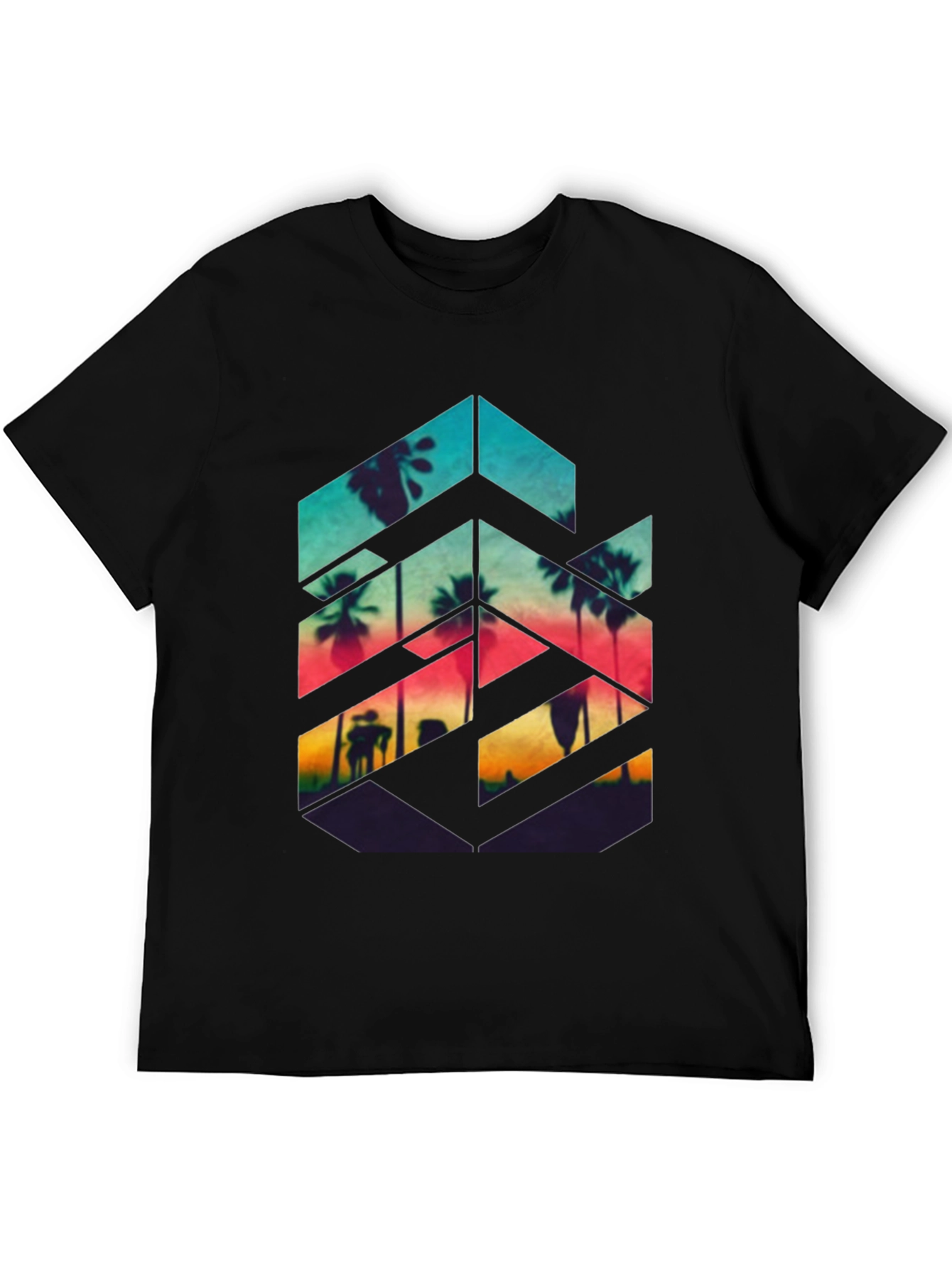 Sunset Palm Geometric Graphic Tee - Black