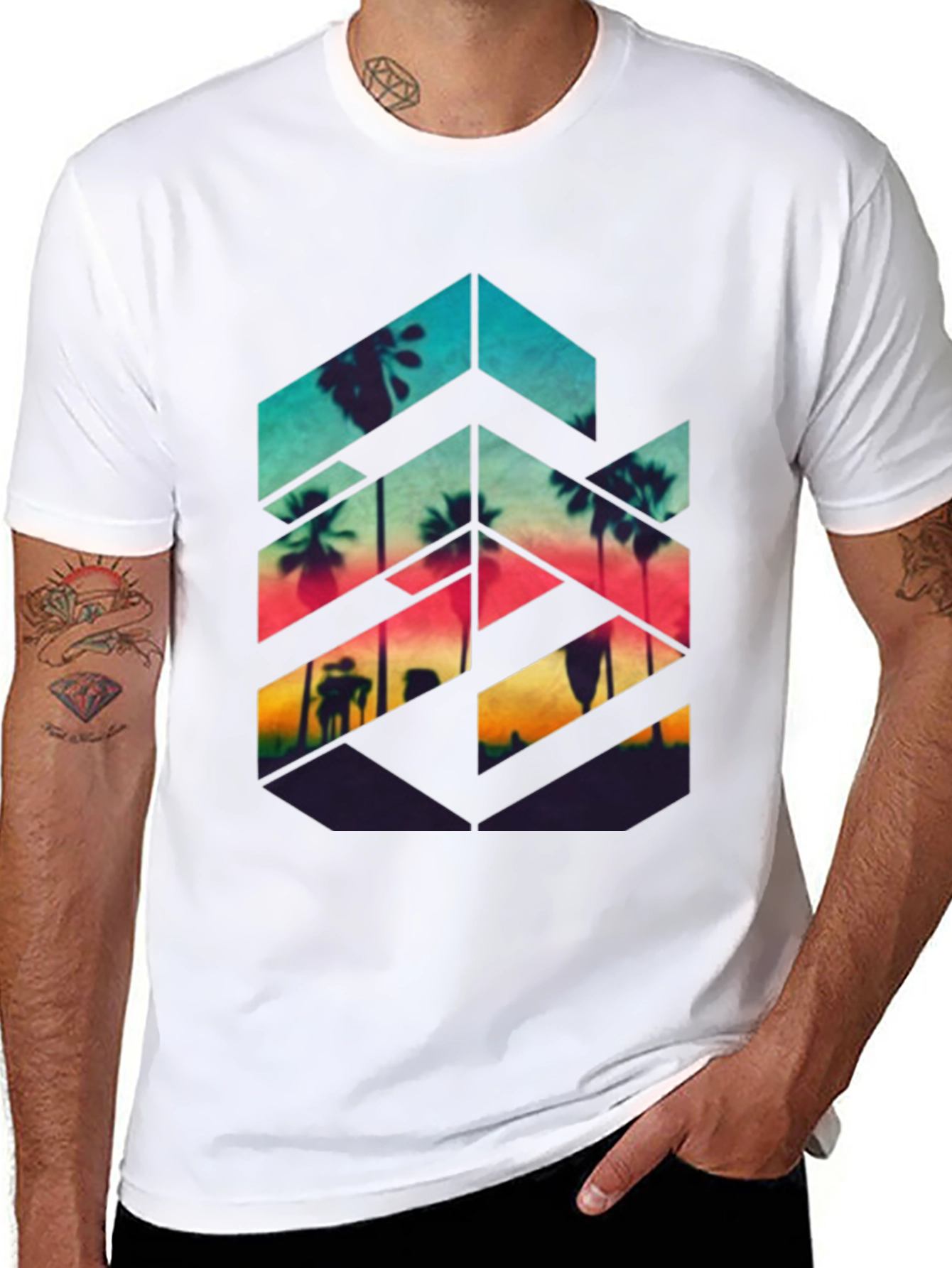 Sunset Palm Geometric Graphic Tee - Black