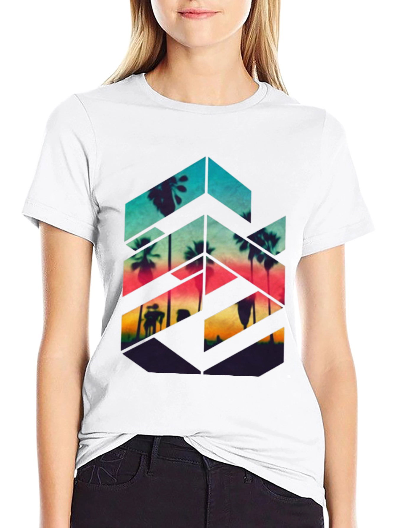 Sunset Palm Geometric Graphic Tee - Black
