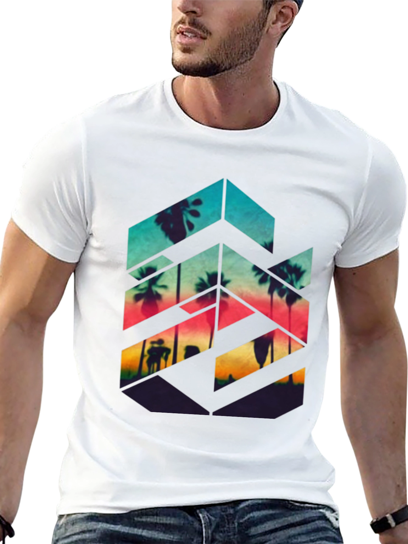 Sunset Palm Geometric Graphic Tee - Black