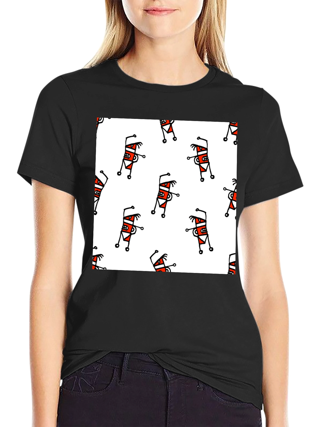 Funky Cartoon Pattern T-Shirt - Black