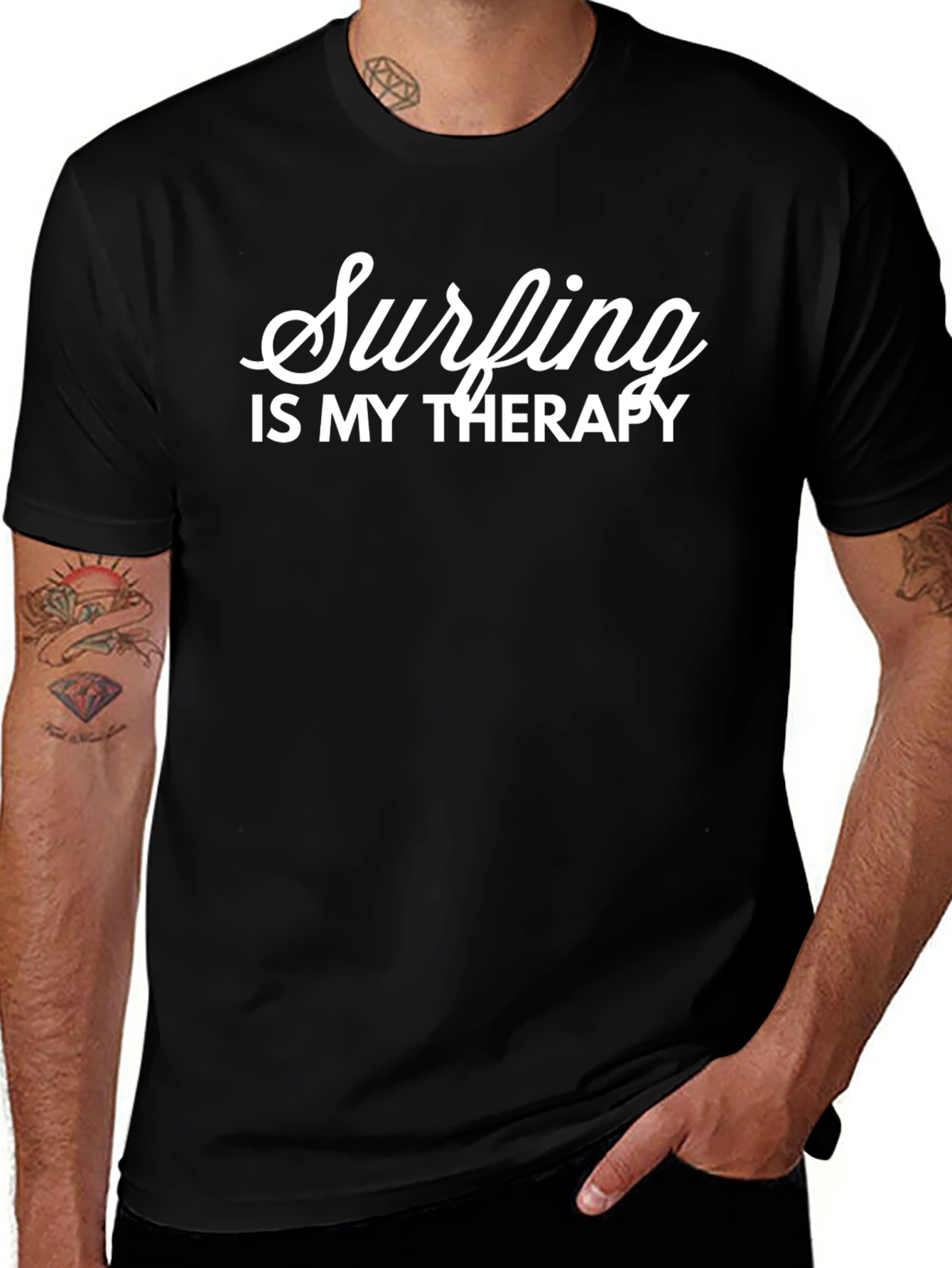 Surfing is My Therapy Black Tee Shirt
