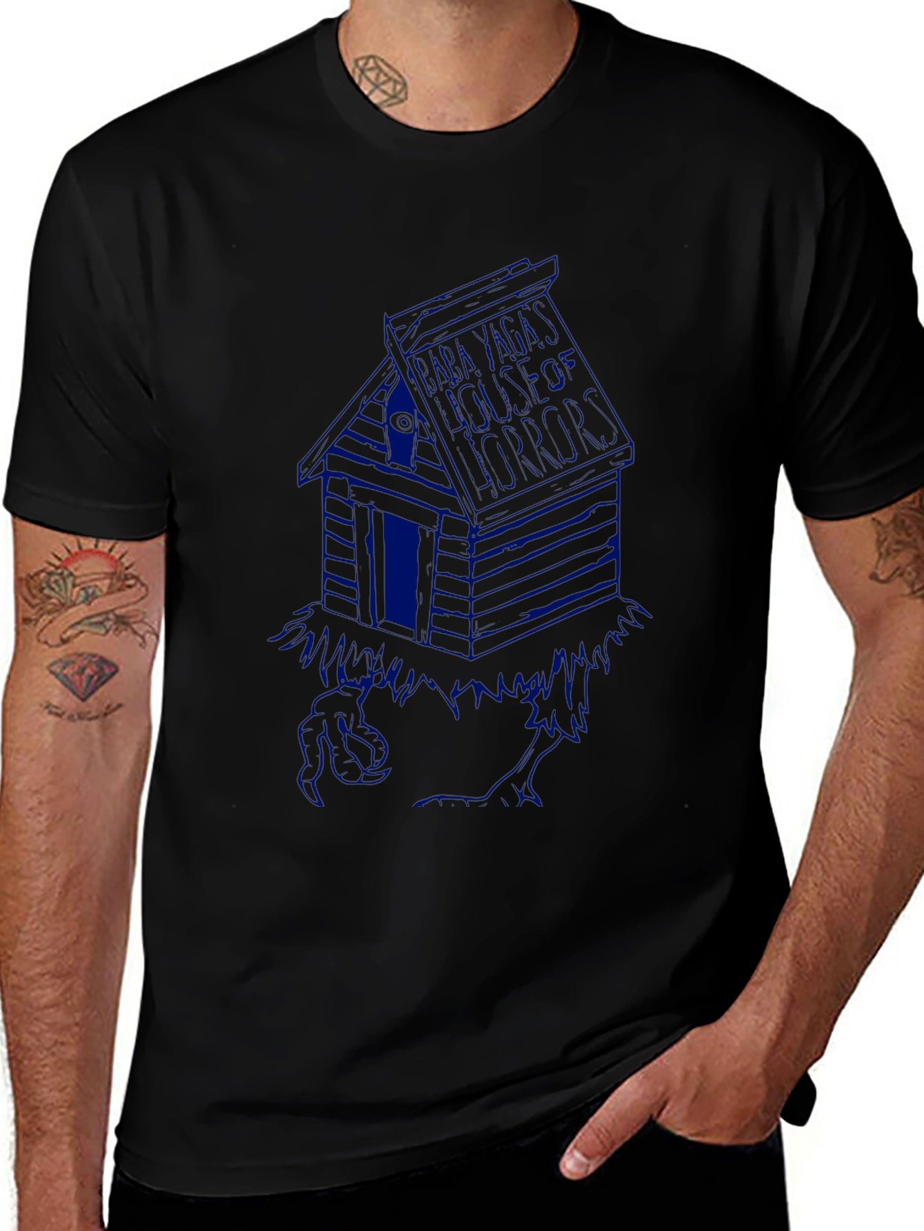 Black T-Shirt with Blue Cabin Graphic