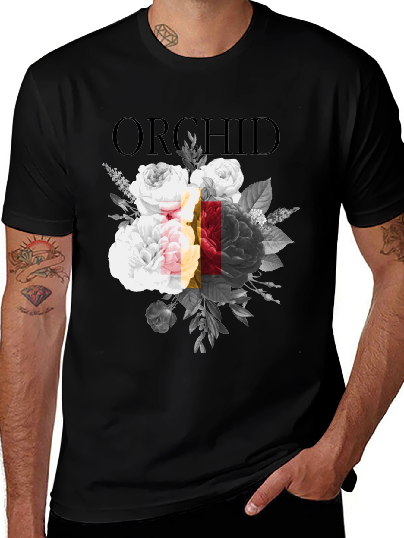 Orchid Floral Print Black Graphic T-Shirt